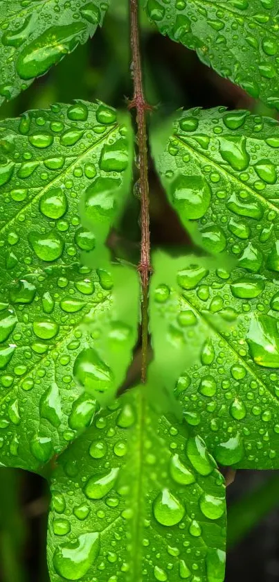 Close-up of vibrant green leaves with dewdrops on a mobile wallpaper.