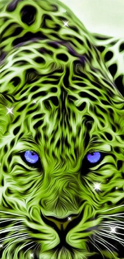 Vibrant green leopard with blue eyes in abstract design, perfect for mobile wallpaper.