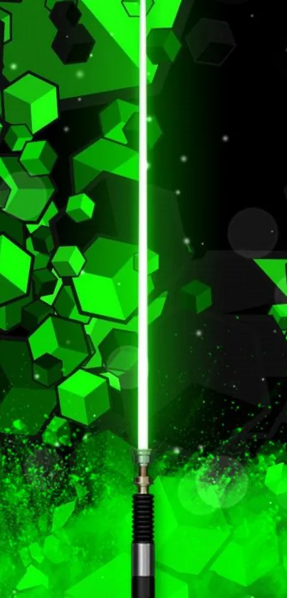 Green lightsaber with geometric design background.