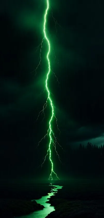 Green lightning bolt against dark sky, illuminating the landscape.