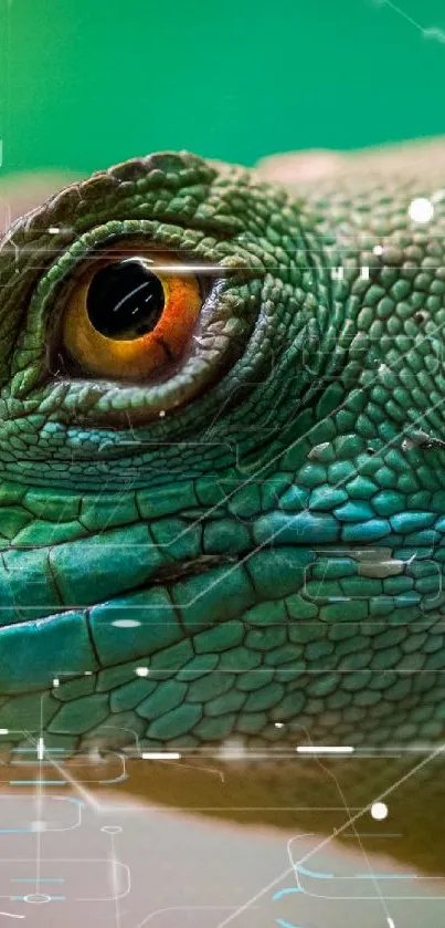 Close-up of a vibrant green lizard with detailed textures and striking colors.