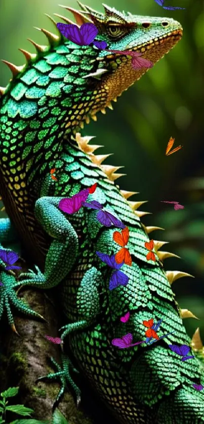 Vibrant emerald green lizard in jungle setting, showcasing detailed scales.