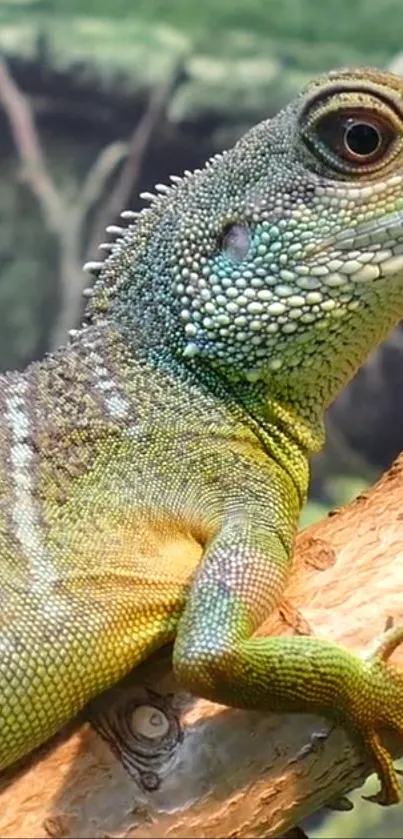 Close-up of a green lizard on a branch.