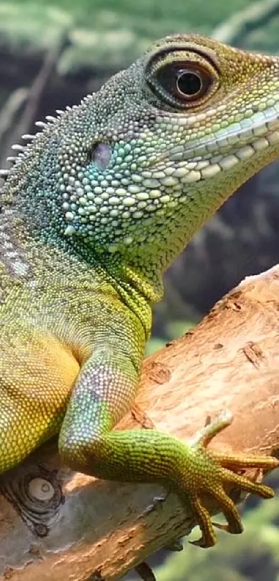 Green lizard perched on a branch in nature.