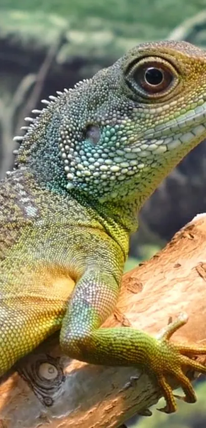 Vibrant green lizard on a branch with detailed scales.