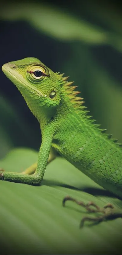 Vibrant green lizard resting on lush green leaves.