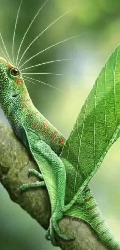 Green lizard on leafy branch mobile wallpaper.