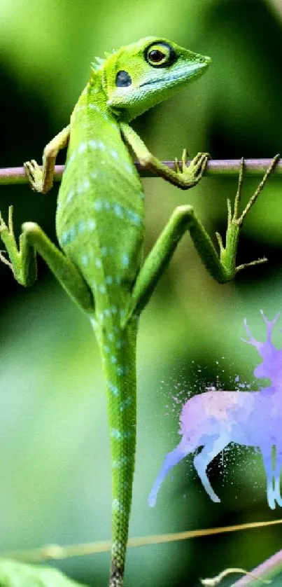 Green lizard on branch with mystical deer silhouette.