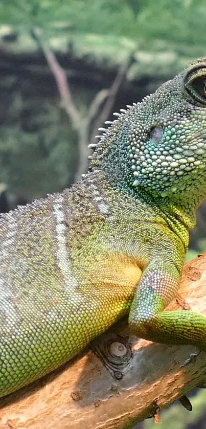 A vibrant green lizard perched on a branch with detailed scales.