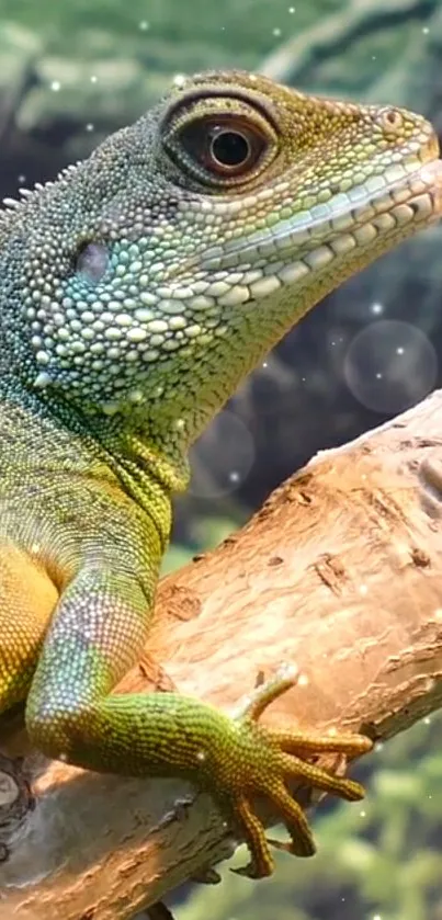 Close-up of a vibrant green lizard on a branch.