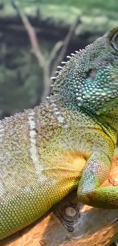 Closeup of a bright green lizard on a brown branch in a natural setting.