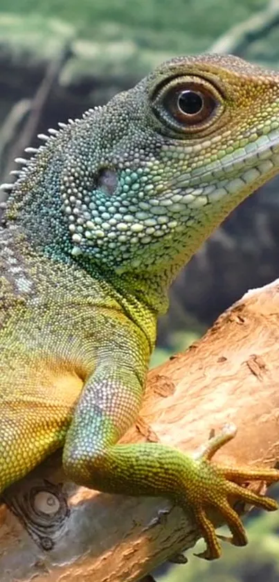 Vibrant green lizard resting on a natural wood perch with a blurred green background.