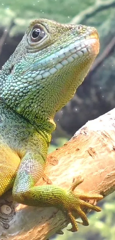 Close-up of a vibrant green lizard on a branch.