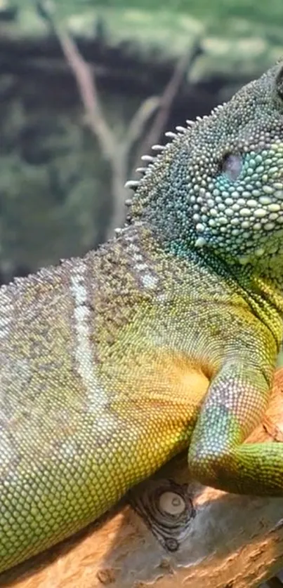 Vibrant green lizard perched on a branch in nature.