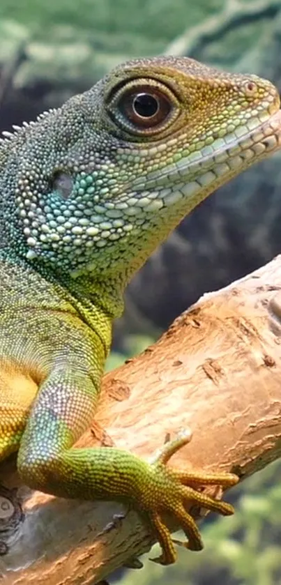 Vibrant green lizard on a branch wallpaper.