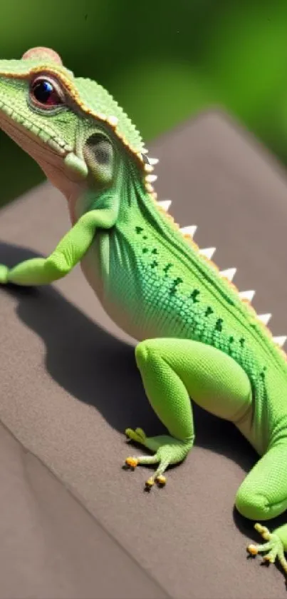 Close-up of a vibrant green lizard perched on a surface.