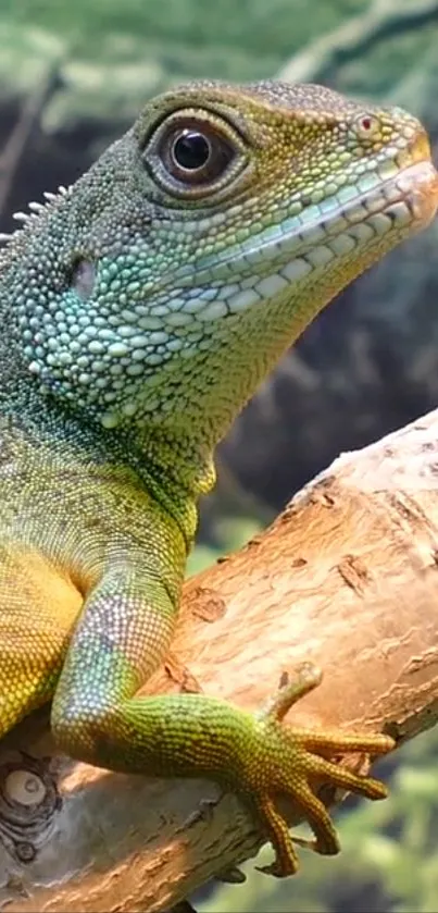 Green lizard perched on a wooden branch in natural setting