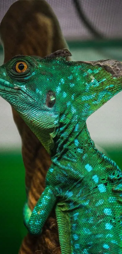 Emerald green lizard with blue spots on a textured background.