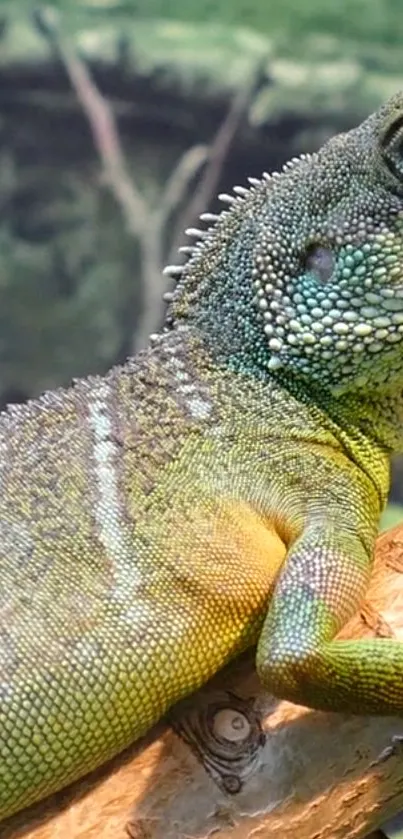 Vibrant green lizard perched on a branch in a lush forest setting.