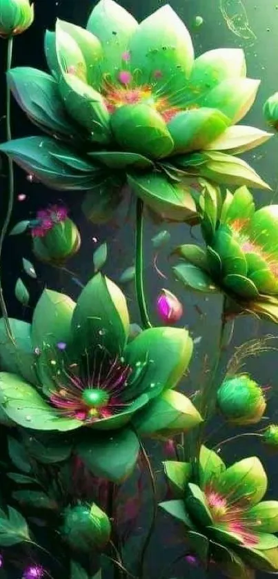 Vibrant green lotus flowers with intricate details on a mobile wallpaper.