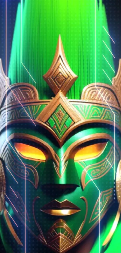 Green tribal mask with golden accents on a dark background.