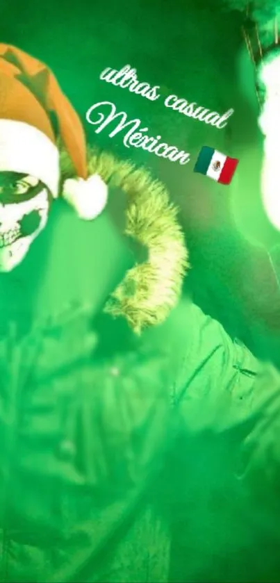 Vibrant green Mexican theme with Santa hat and flag.