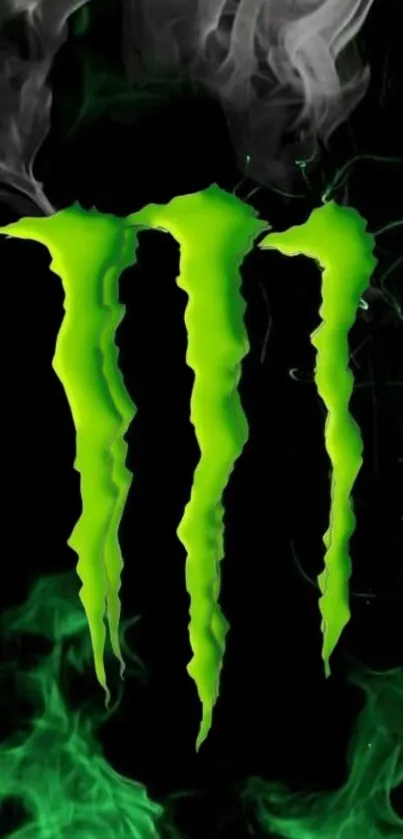 Dynamic Monster Energy logo in vibrant green with smoky effects.