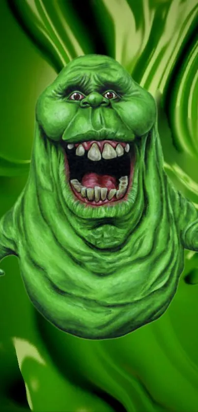 Green cartoon monster on vibrant background.