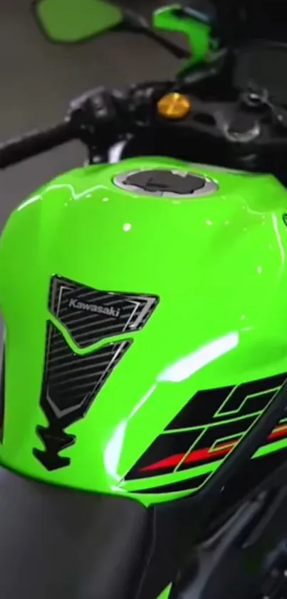 Vibrant green motorcycle with bold graphics.