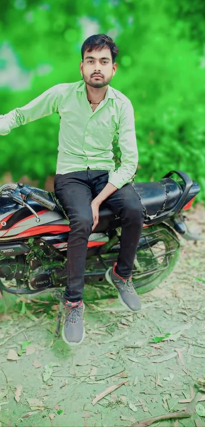 Man on a motorcycle with vibrant green background