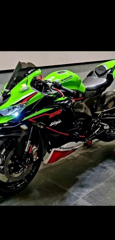 Bright green motorcycle on display, showcasing sleek design.