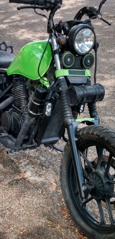 Green motorcycle parked on a pebbled path.