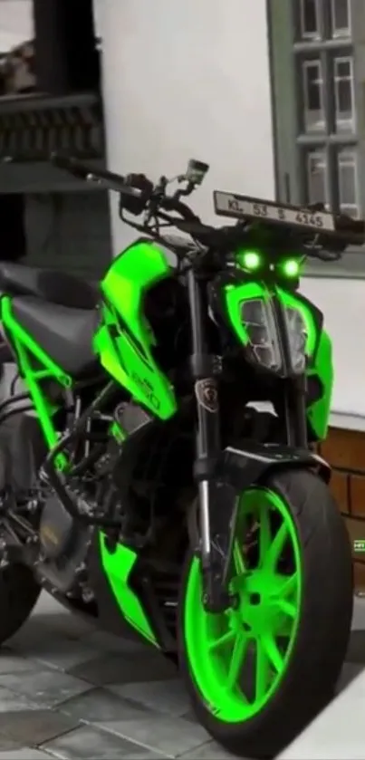 Neon green motorcycle parked on pavement in urban setting.