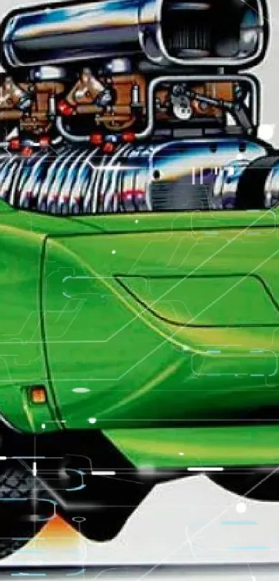 Vibrant cartoon-style green muscle car art with powerful engine and shiny wheels.