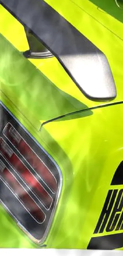 Lime green muscle car rear with Hemi branding.