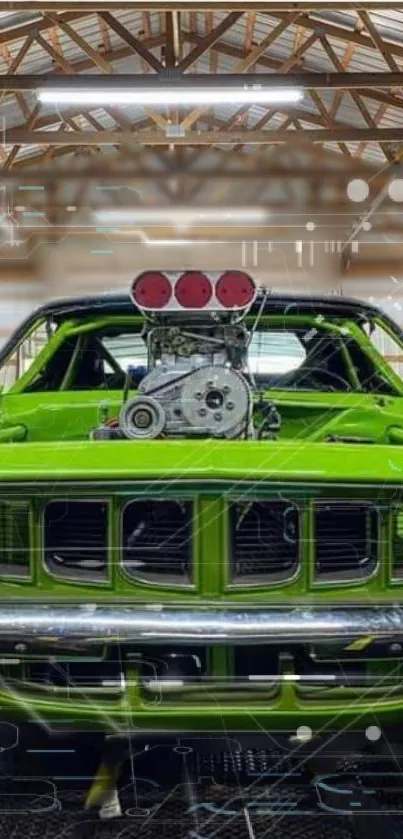 Green muscle car with exposed engine in a wooden garage setting.