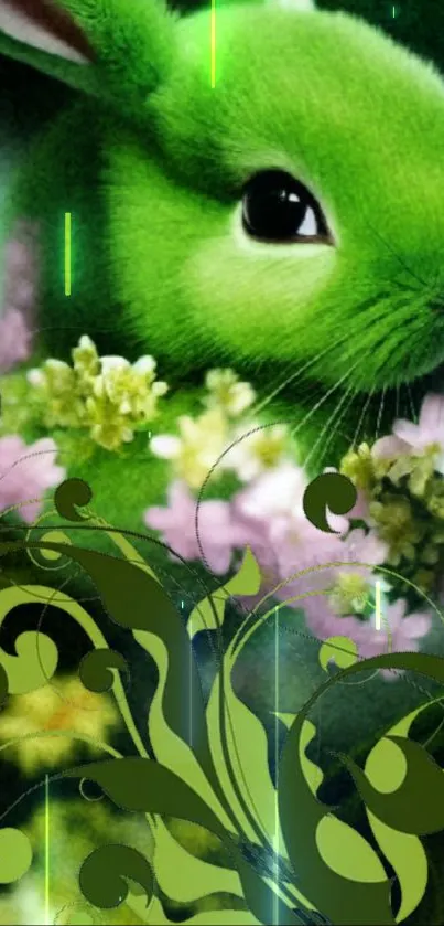 Green bunny with flowers in a vibrant artistic design wallpaper.