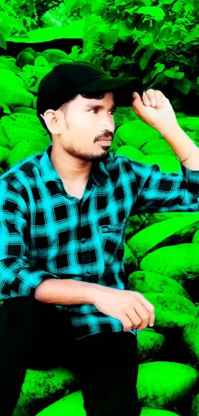 Person sitting among vibrant green rocks in nature.