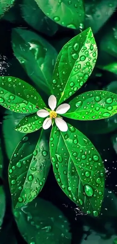 Green leaf wallpaper with dewdrops and white flower in vibrant detail.