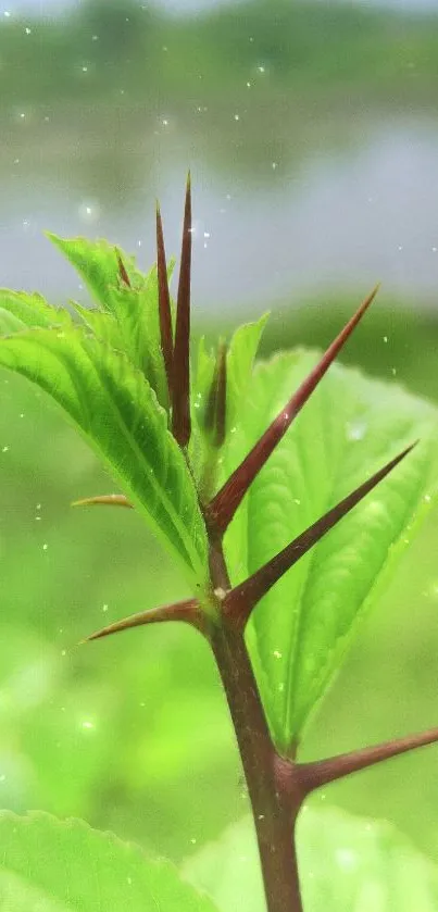 Close-up of a green plant with sharp thorns against a blurred natural background.