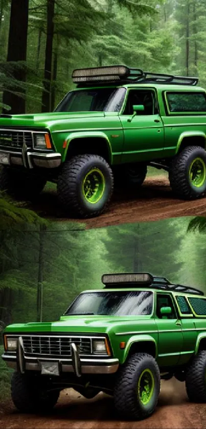 Green off-road truck in lush forest scene.