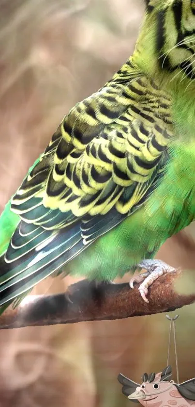 A vibrant green parakeet perched on a branch, showcasing detailed feather patterns.