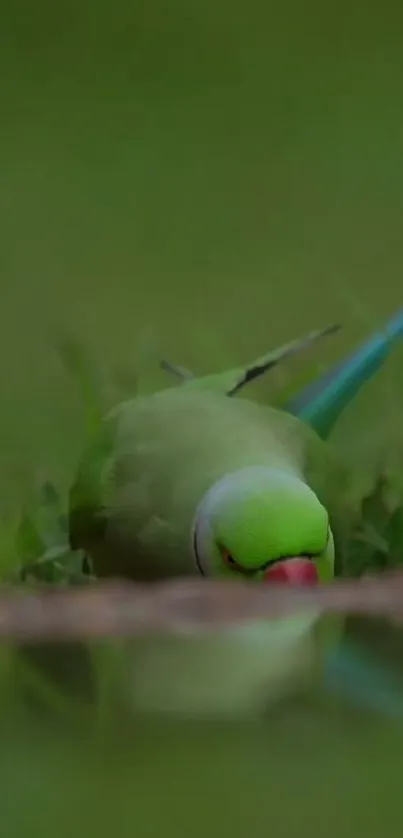 Elegant green parakeet against lush greenery.