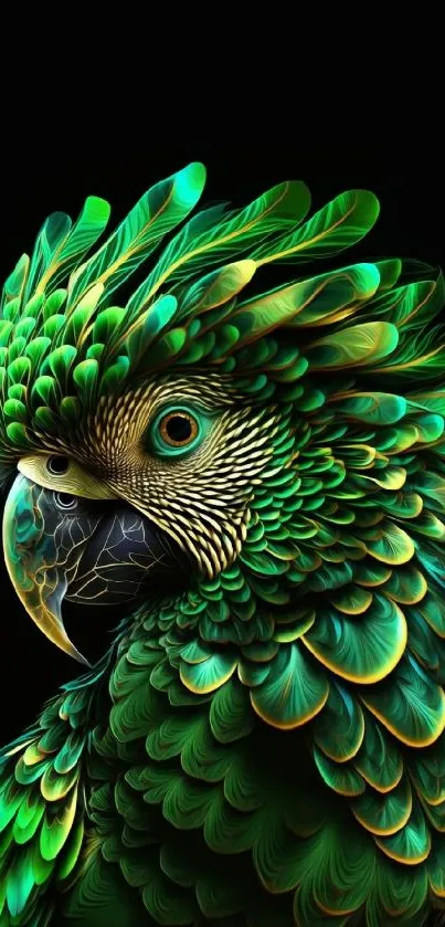 Vibrant green parrot with detailed feathers on black background.