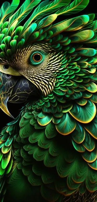 Vibrant green parrot design with detailed feathers on a dark background.