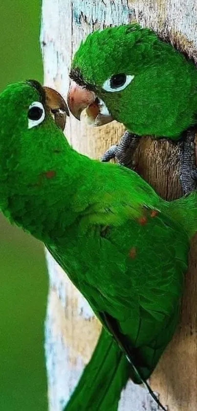 Vibrant green parrots perched on tree.