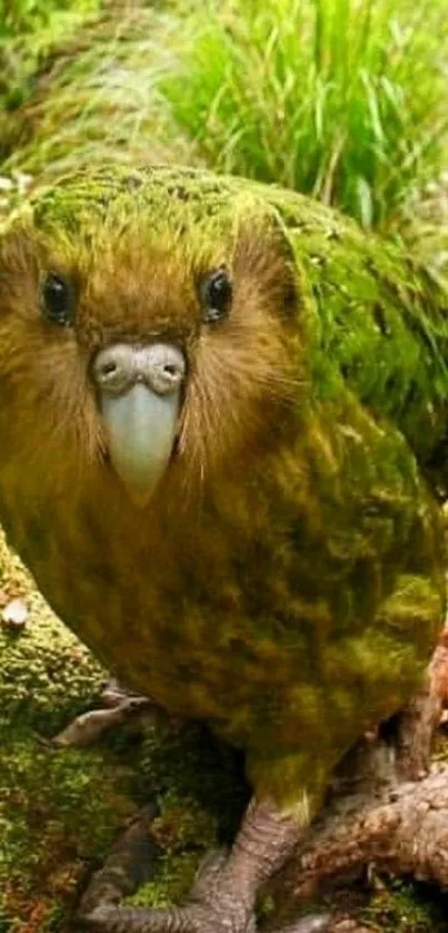 Kakapo parrot amidst green foliage, showcasing its natural habitat.