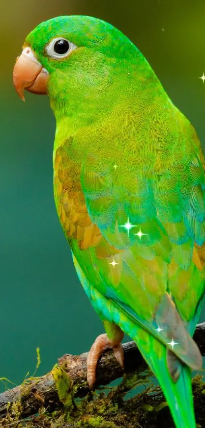 Vibrant green parrot perched on a branch, showcasing colorful plumage.