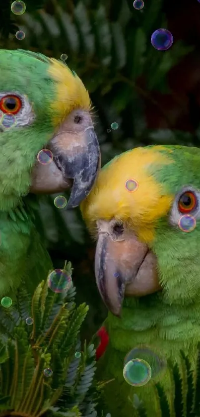 Two vibrant green parrots amid lush green leaves.