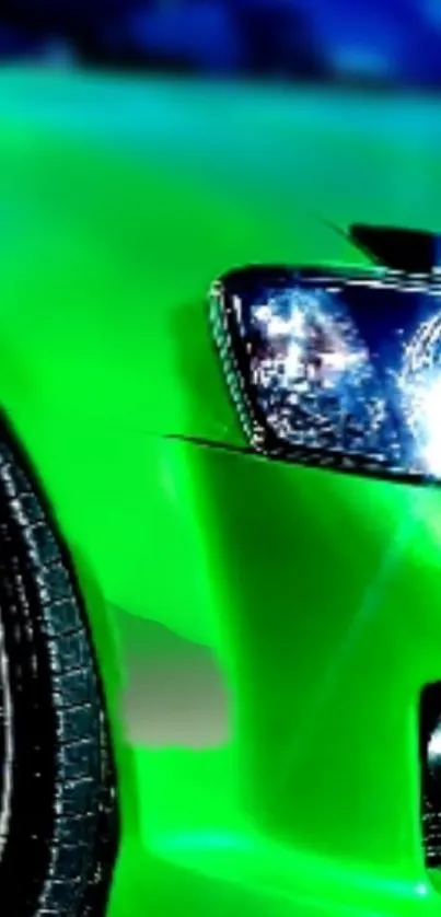 Vibrant green race car with sleek design and shining headlights.